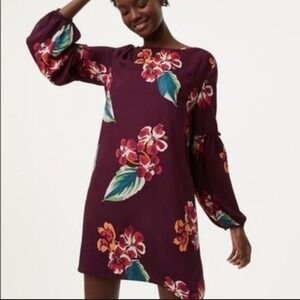 LOFT Womens Plum Purple Tropical Floral Puff Sleeve Shift Dress XSP Petites